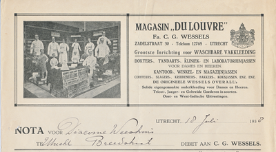 710281 Kop van een nota van Magasin “DU LOUVRE’, Fa. C.G. Wessels, Vakkleeding, Zadelstraat 30 te Utrecht. Met een ...